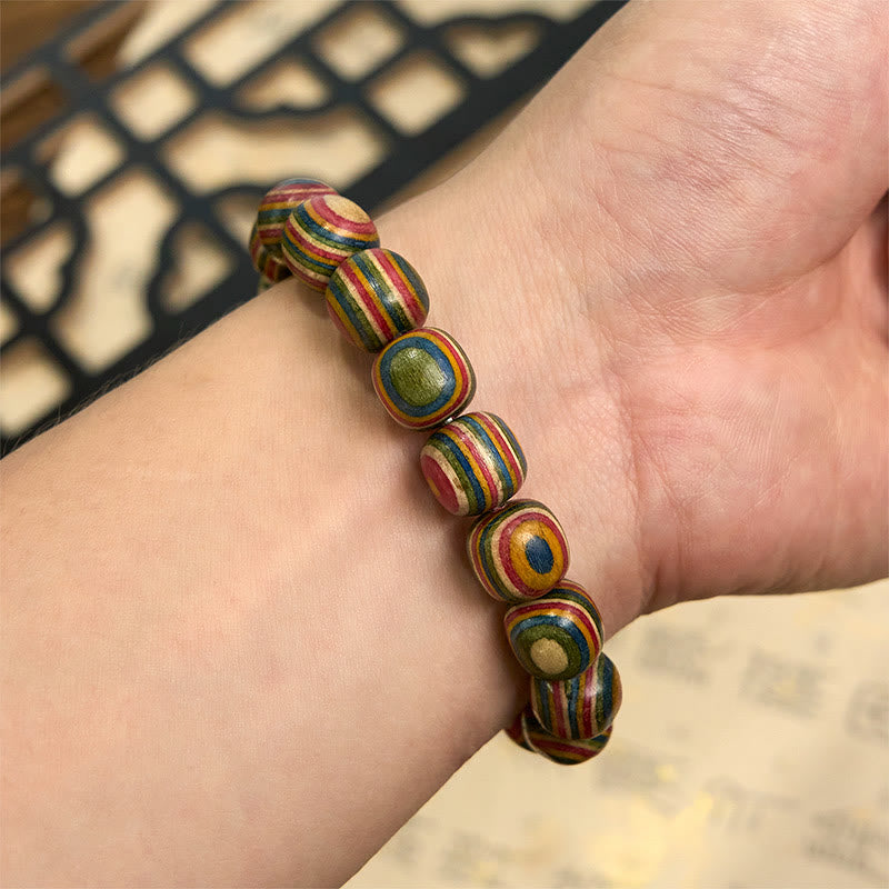Vibrant Rainbow Eucalyptus Wood Beaded Bracelet with Wu Lou Gourd Symbol