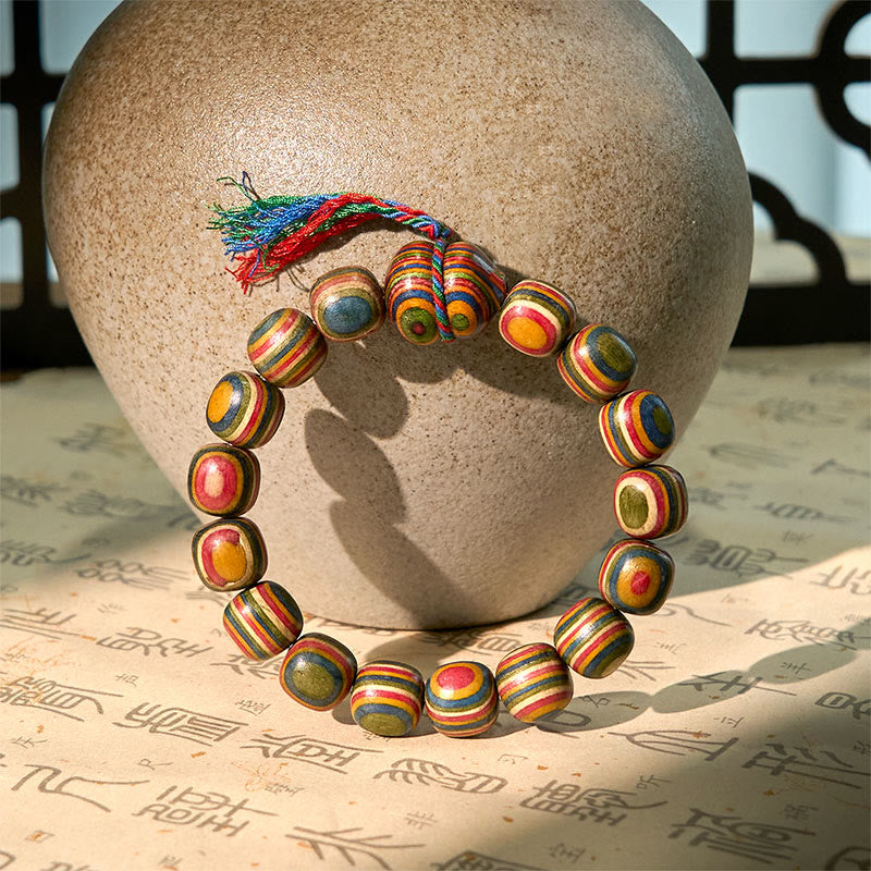Vibrant Rainbow Eucalyptus Wood Beaded Bracelet with Wu Lou Gourd Symbol