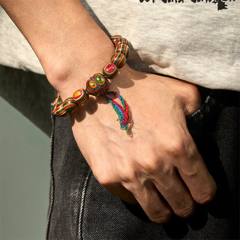 Vibrant Rainbow Eucalyptus Wood Beaded Bracelet with Wu Lou Gourd Symbol