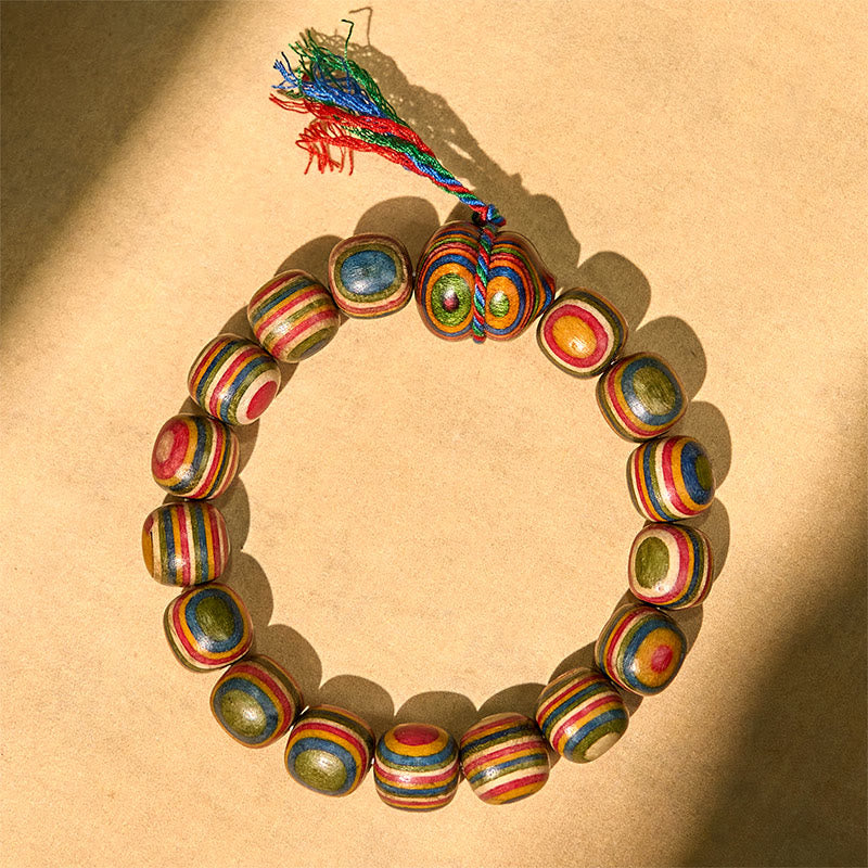Vibrant Rainbow Eucalyptus Wood Beaded Bracelet with Wu Lou Gourd Symbol