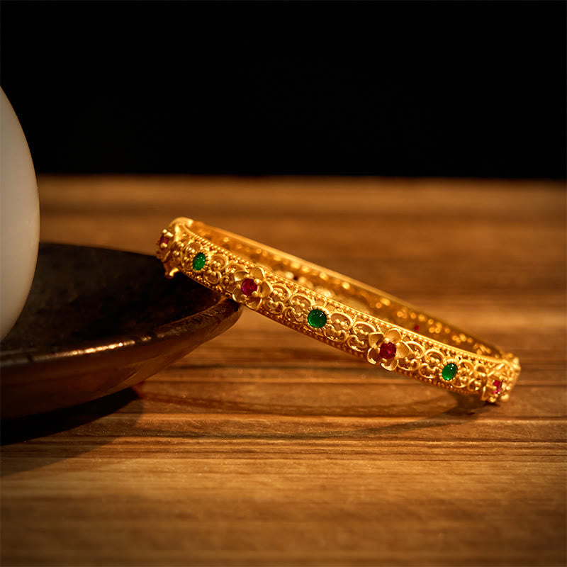 Hollow Design Copper Plated Gold Flower Luck Bracelet Bangle