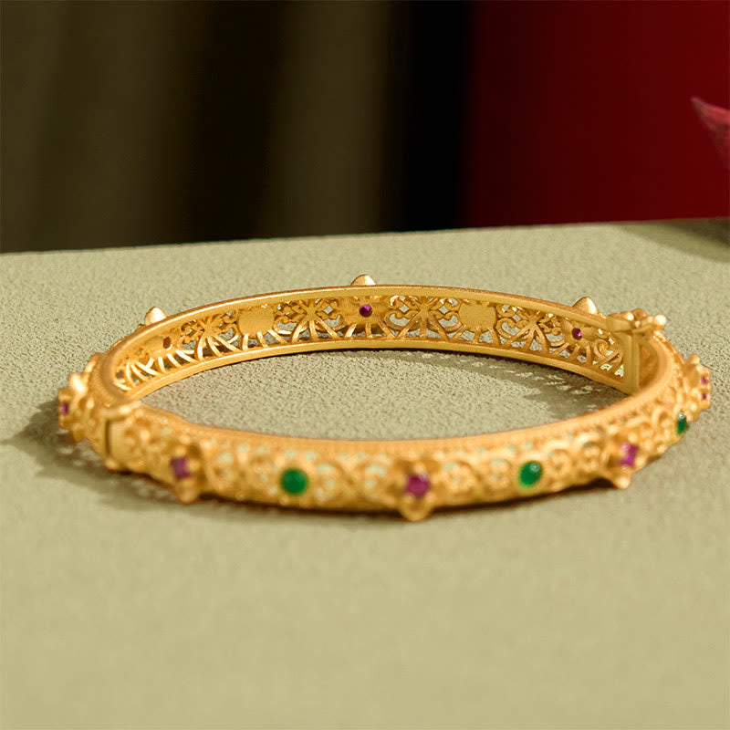 Hollow Design Copper Plated Gold Flower Luck Bracelet Bangle