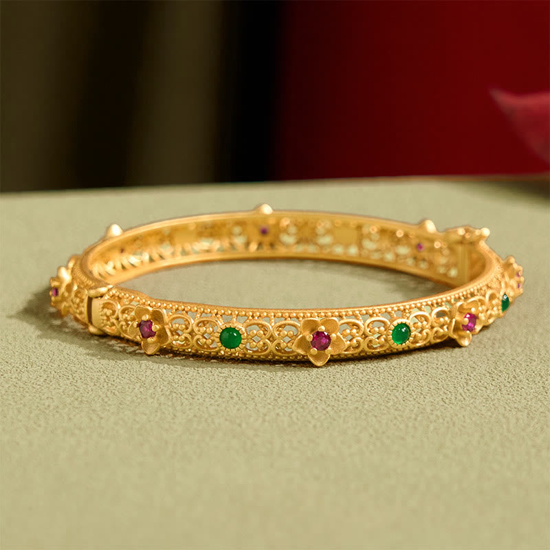 Hollow Design Copper Plated Gold Flower Luck Bracelet Bangle