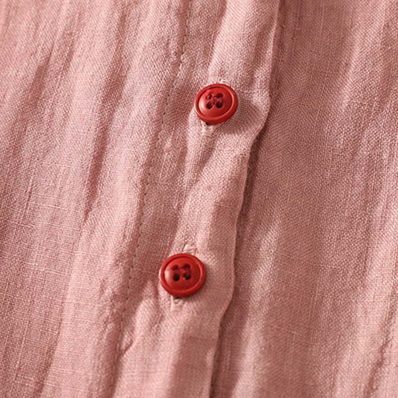Summer Plain Red Buttons Short Sleeve Women's Cotton Linen Shirt