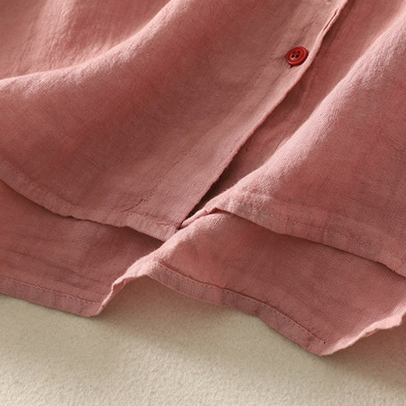 Summer Plain Red Buttons Short Sleeve Women's Cotton Linen Shirt
