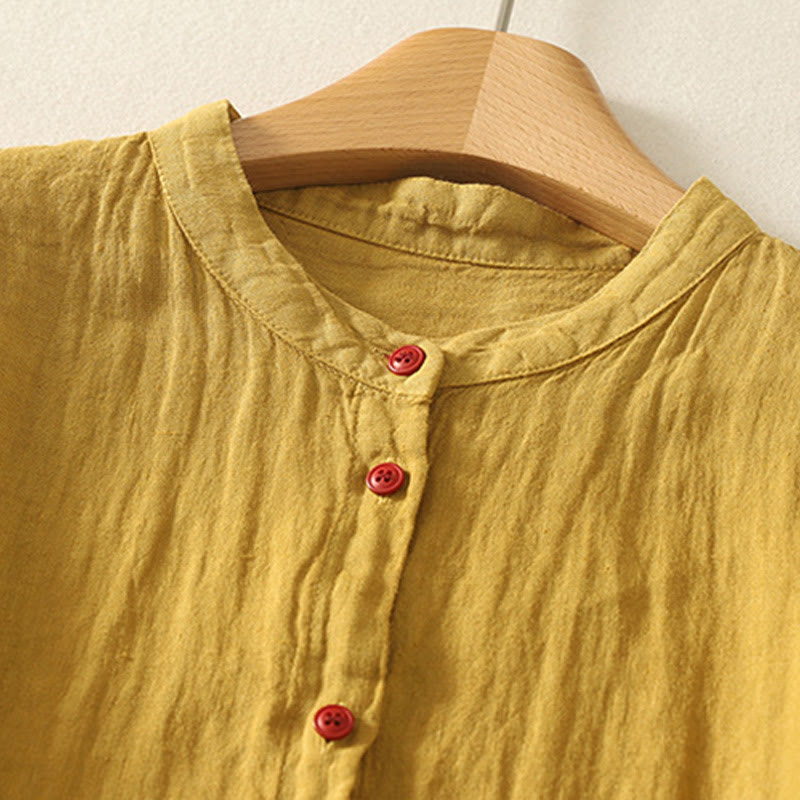 Summer Plain Red Buttons Short Sleeve Women's Cotton Linen Shirt
