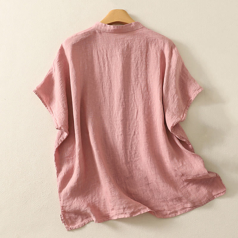 Summer Plain Red Buttons Short Sleeve Women's Cotton Linen Shirt