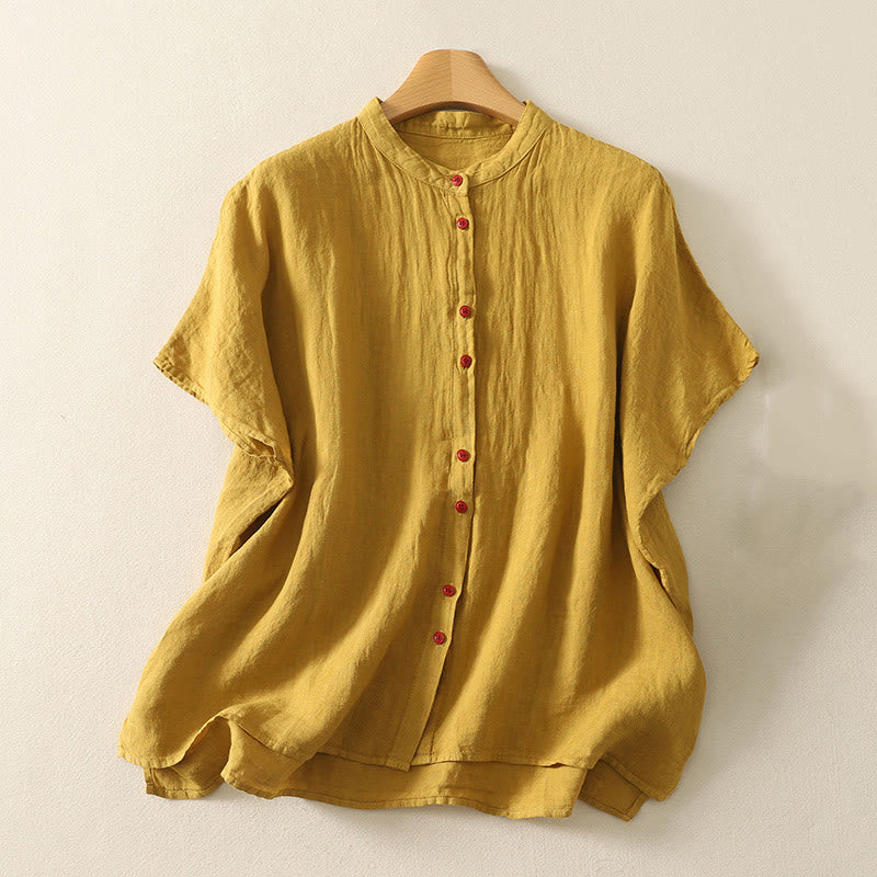 Summer Plain Red Buttons Short Sleeve Women's Cotton Linen Shirt