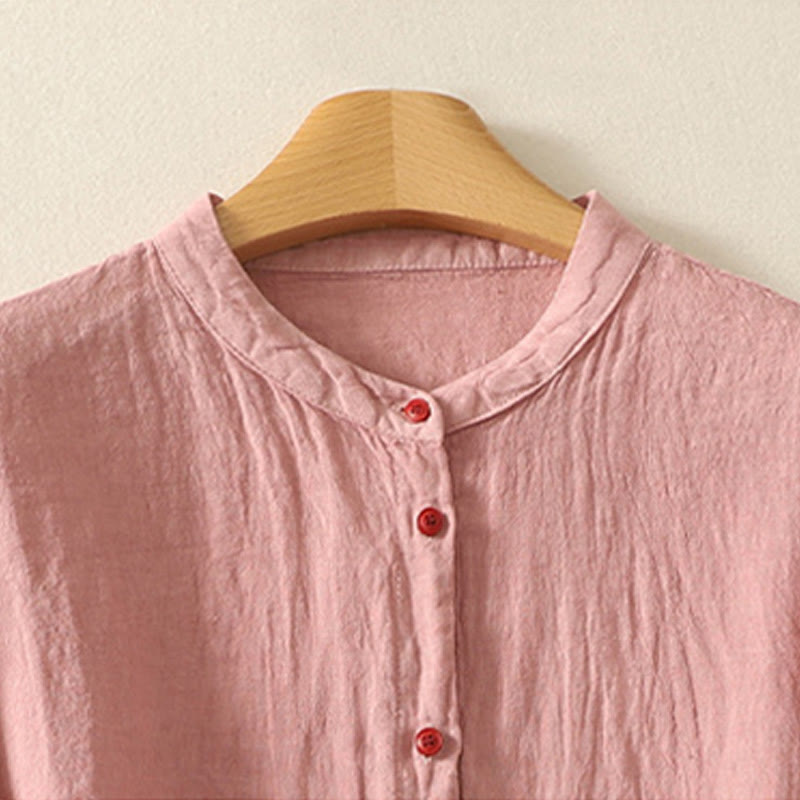 Summer Plain Red Buttons Short Sleeve Women's Cotton Linen Shirt