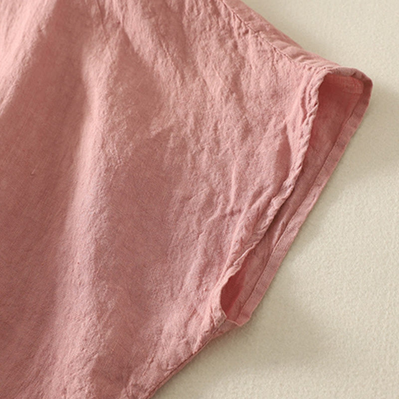 Summer Plain Red Buttons Short Sleeve Women's Cotton Linen Shirt