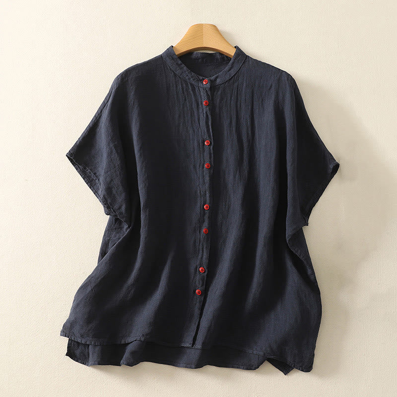 Summer Plain Red Buttons Short Sleeve Women's Cotton Linen Shirt