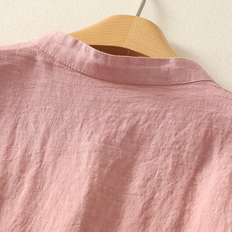 Summer Plain Red Buttons Short Sleeve Women's Cotton Linen Shirt