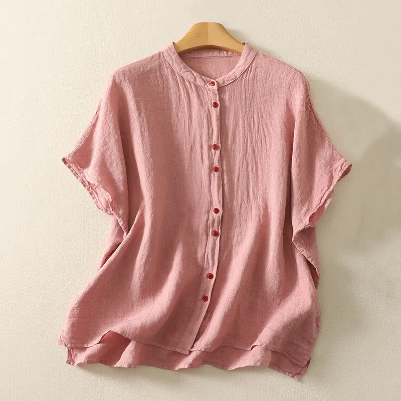 Summer Plain Red Buttons Short Sleeve Women's Cotton Linen Shirt