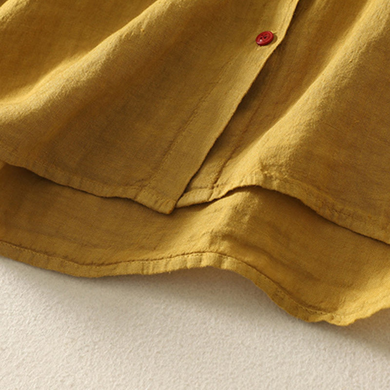 Summer Plain Red Buttons Short Sleeve Women's Cotton Linen Shirt