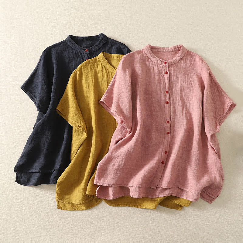 Summer Plain Red Buttons Short Sleeve Women's Cotton Linen Shirt
