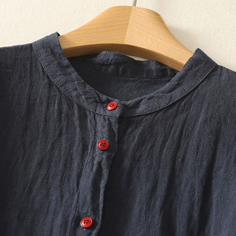 Summer Plain Red Buttons Short Sleeve Women's Cotton Linen Shirt