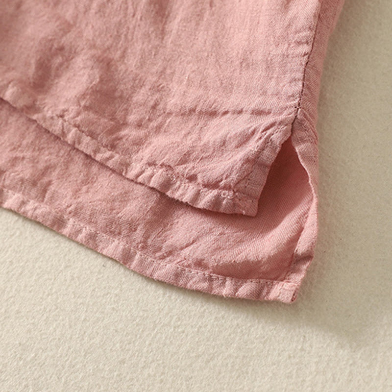 Summer Plain Red Buttons Short Sleeve Women's Cotton Linen Shirt