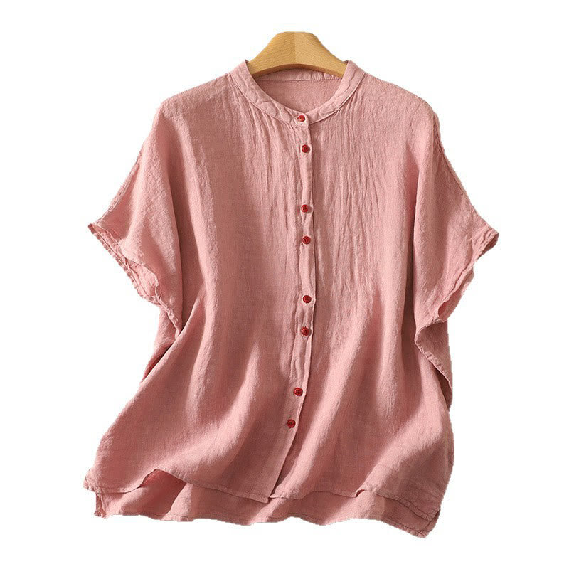 Summer Plain Red Buttons Short Sleeve Women's Cotton Linen Shirt