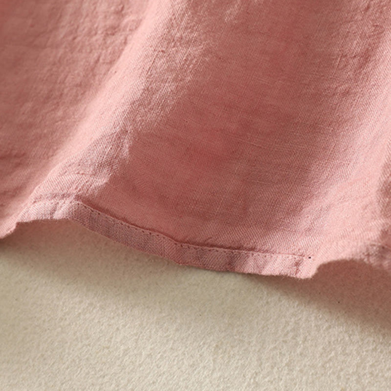 Summer Plain Red Buttons Short Sleeve Women's Cotton Linen Shirt