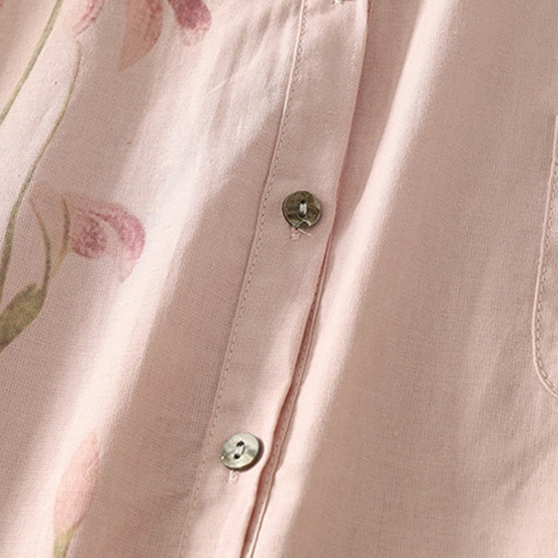 Cotton Linen Lily Print Stand Collar Meditation Shirt