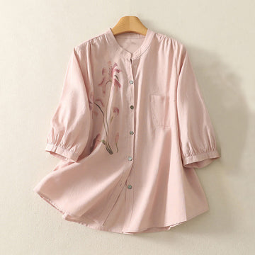 Cotton Linen Lily Print Stand Collar Meditation Shirt