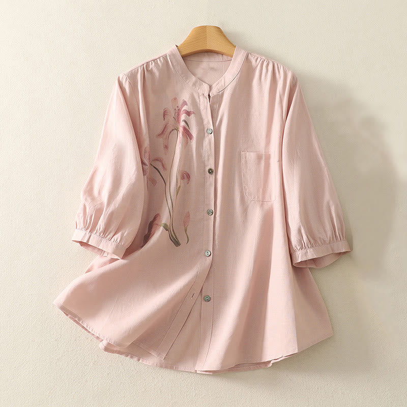 Cotton Linen Lily Print Stand Collar Meditation Shirt