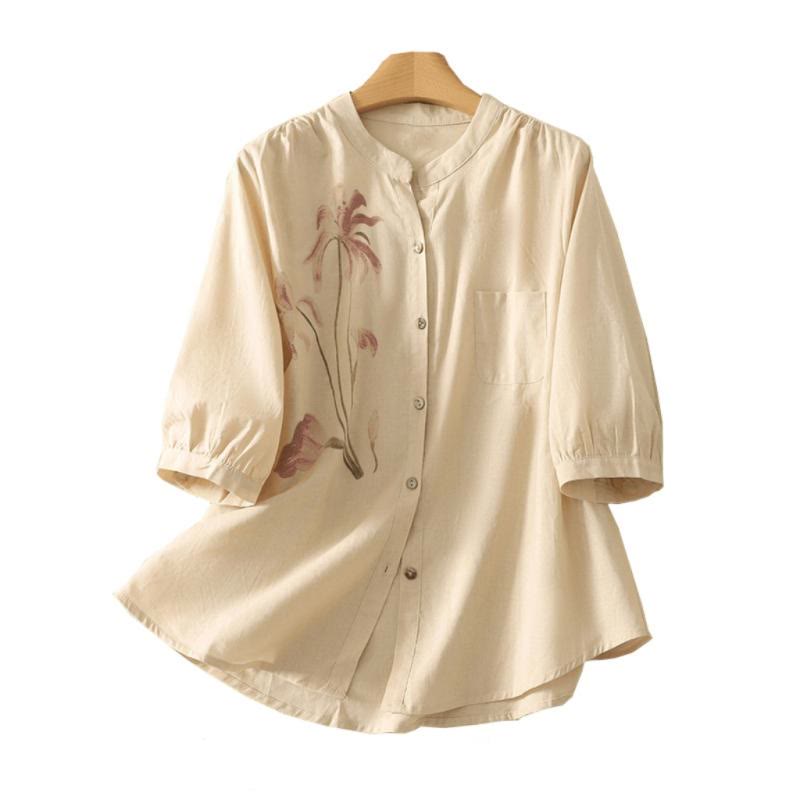 Cotton Linen Lily Print Stand Collar Meditation Shirt