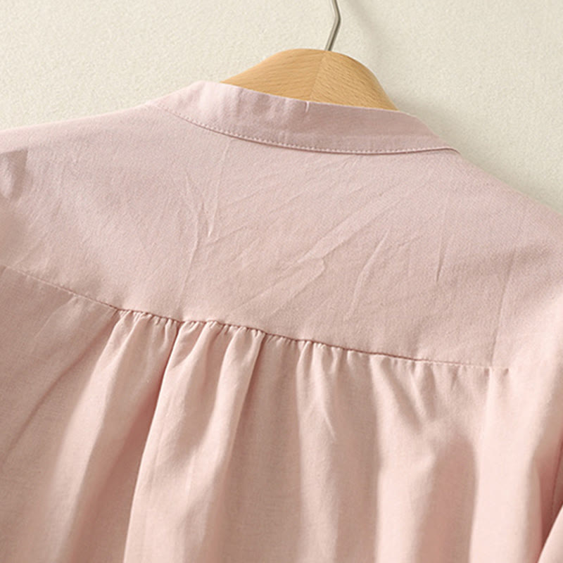 Cotton Linen Lily Print Stand Collar Meditation Shirt