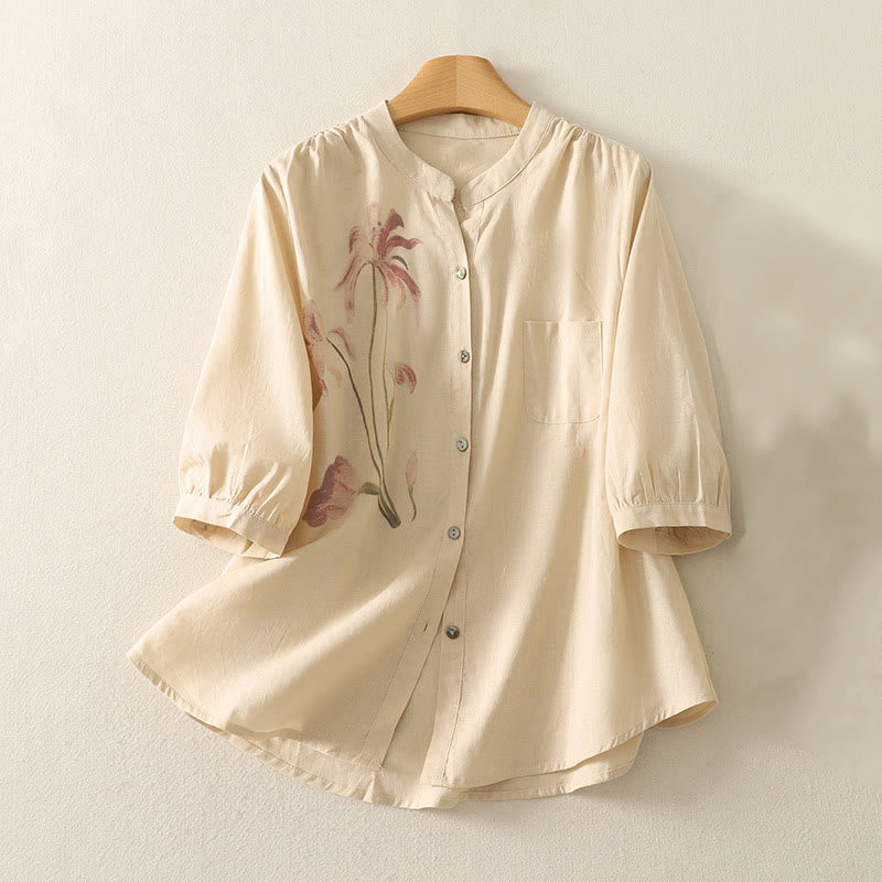 Cotton Linen Lily Print Stand Collar Meditation Shirt
