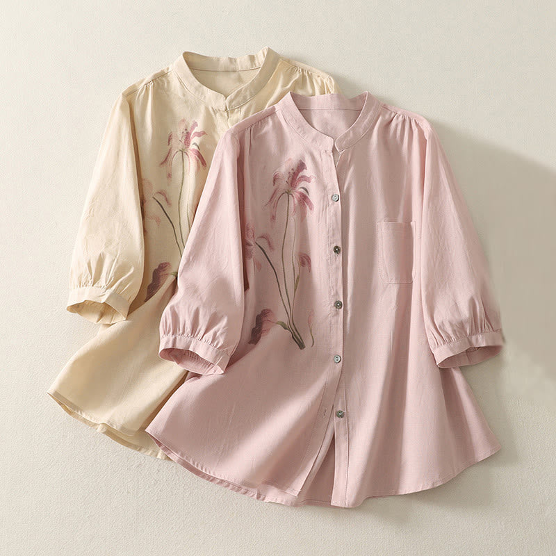 Cotton Linen Lily Print Stand Collar Meditation Shirt