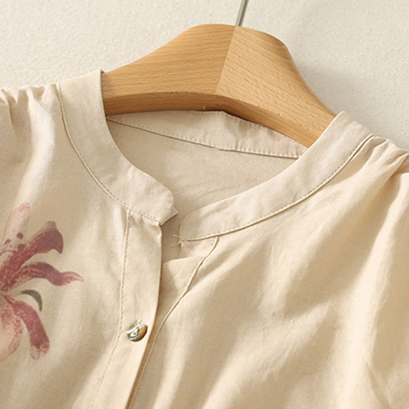 Cotton Linen Lily Print Stand Collar Meditation Shirt