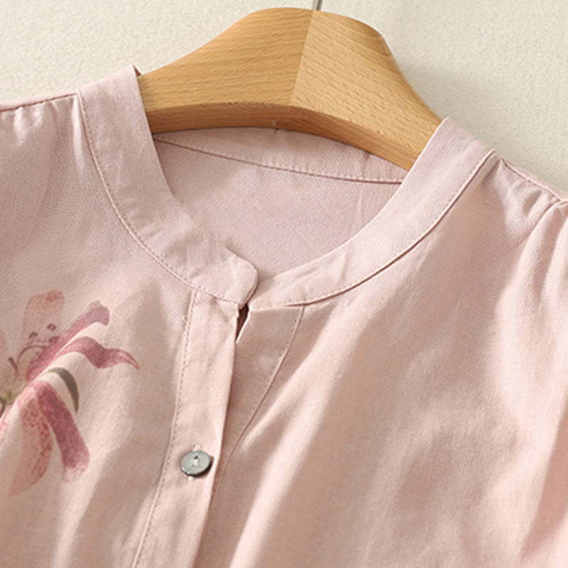 Cotton Linen Lily Print Stand Collar Meditation Shirt