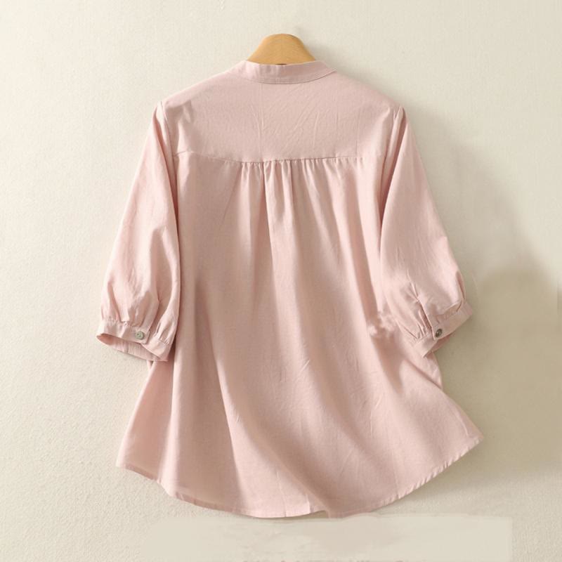 Cotton Linen Lily Print Stand Collar Meditation Shirt