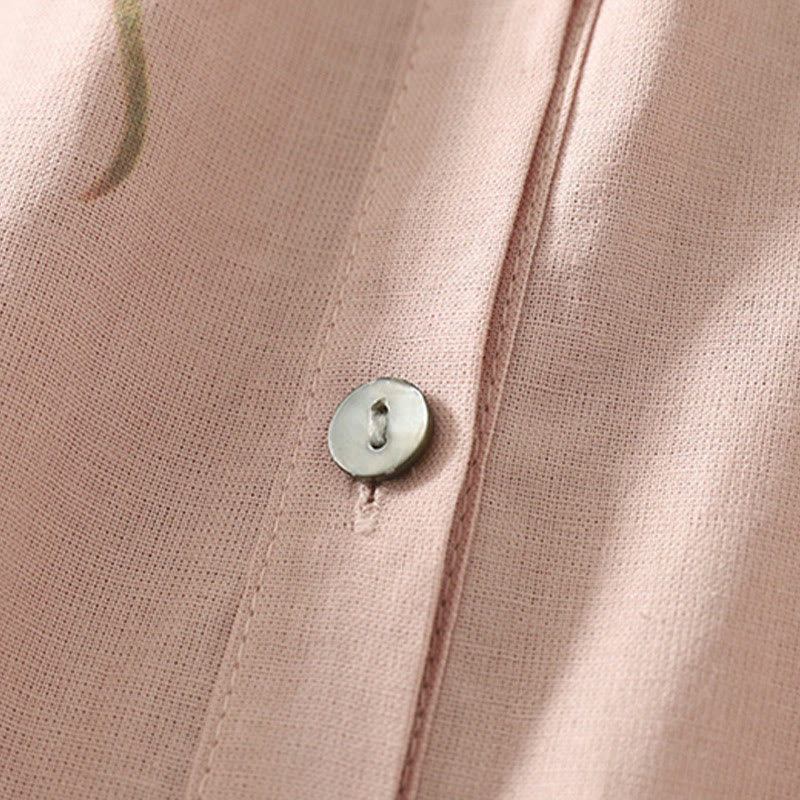 Cotton Linen Lily Print Stand Collar Meditation Shirt