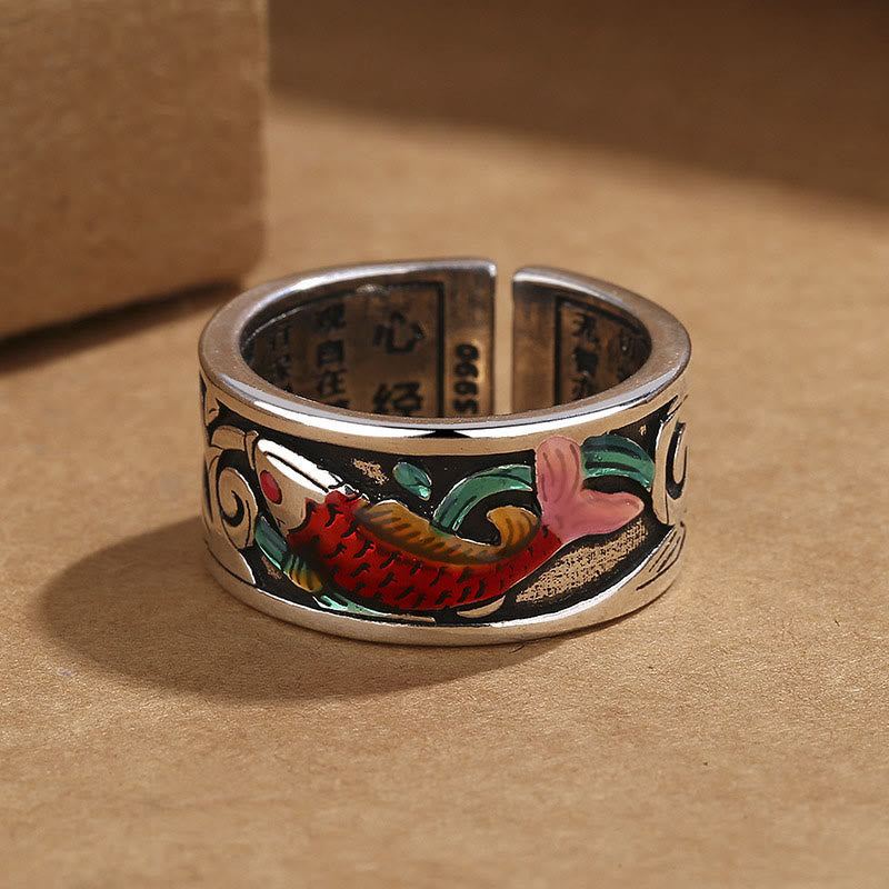 Blue Enamel Koi Fish Heart Sutra Success Ring