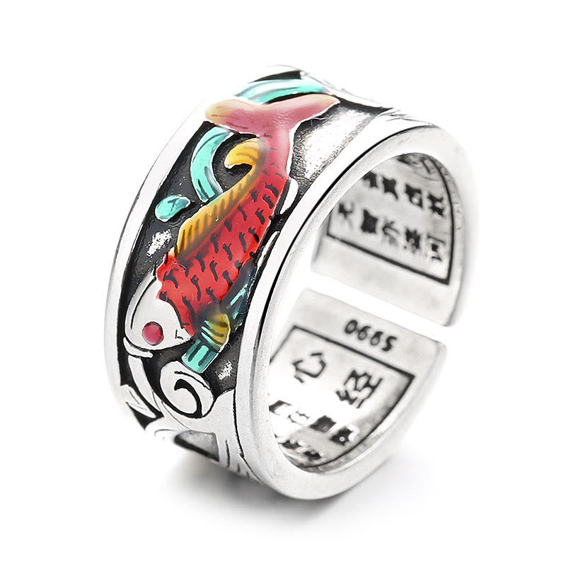 Blue Enamel Koi Fish Heart Sutra Success Ring