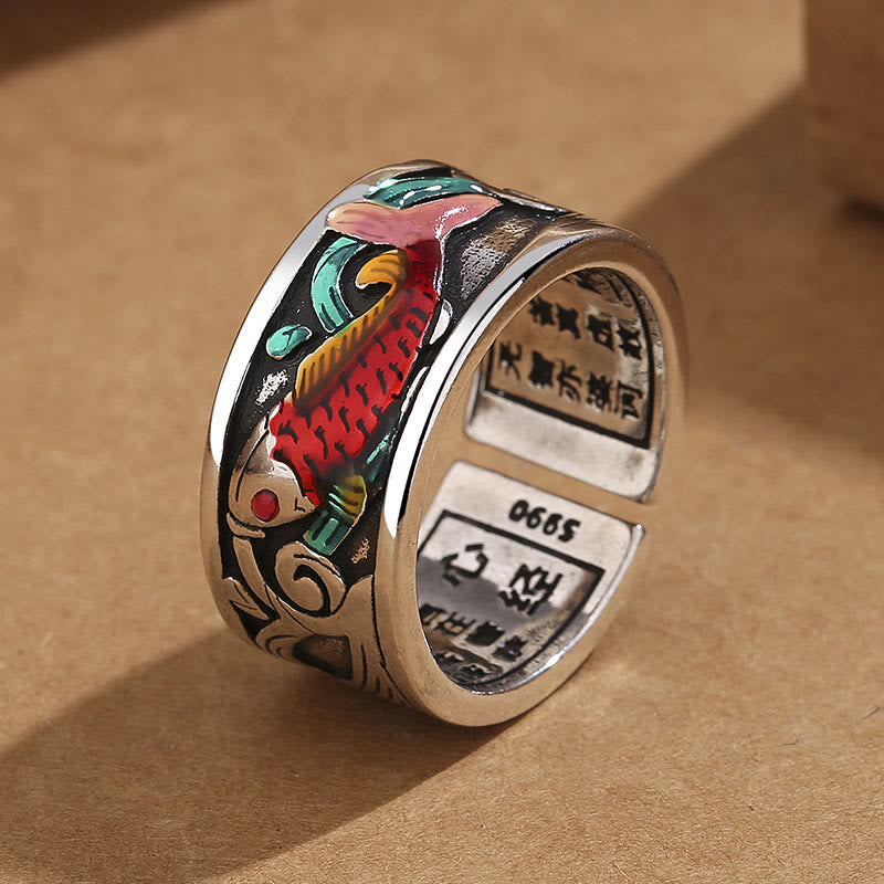 Blue Enamel Koi Fish Heart Sutra Success Ring