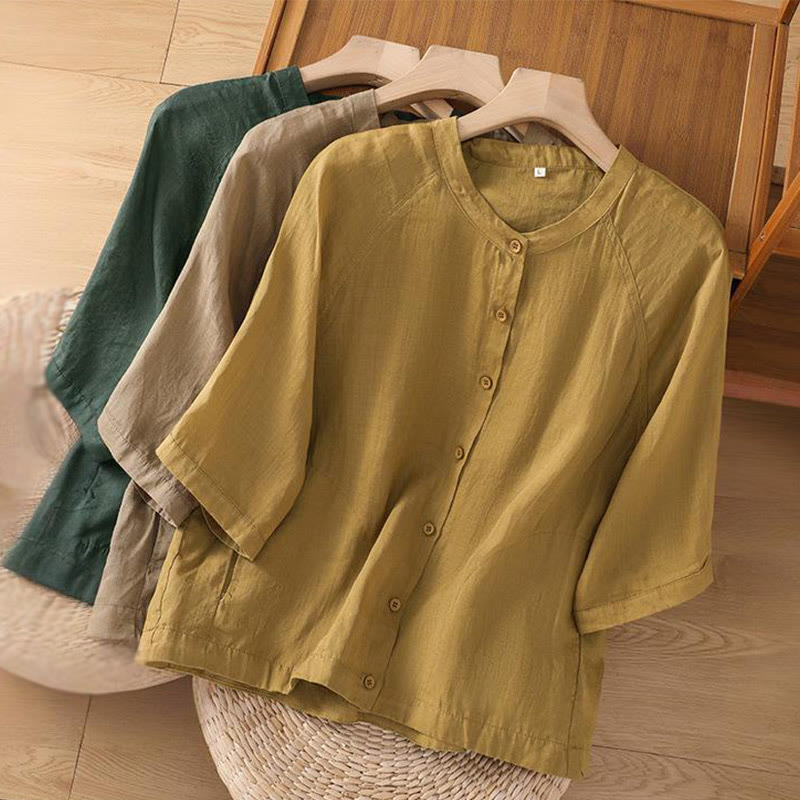 Daily Three Quarter Sleeve Cotton Linen Women's Shirt With Pockets