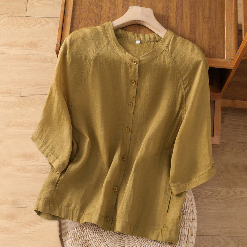 Daily Three Quarter Sleeve Cotton Linen Women's Shirt With Pockets