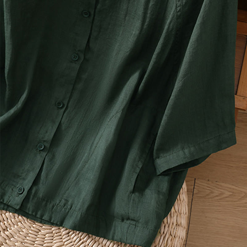 Daily Three Quarter Sleeve Cotton Linen Women's Shirt With Pockets