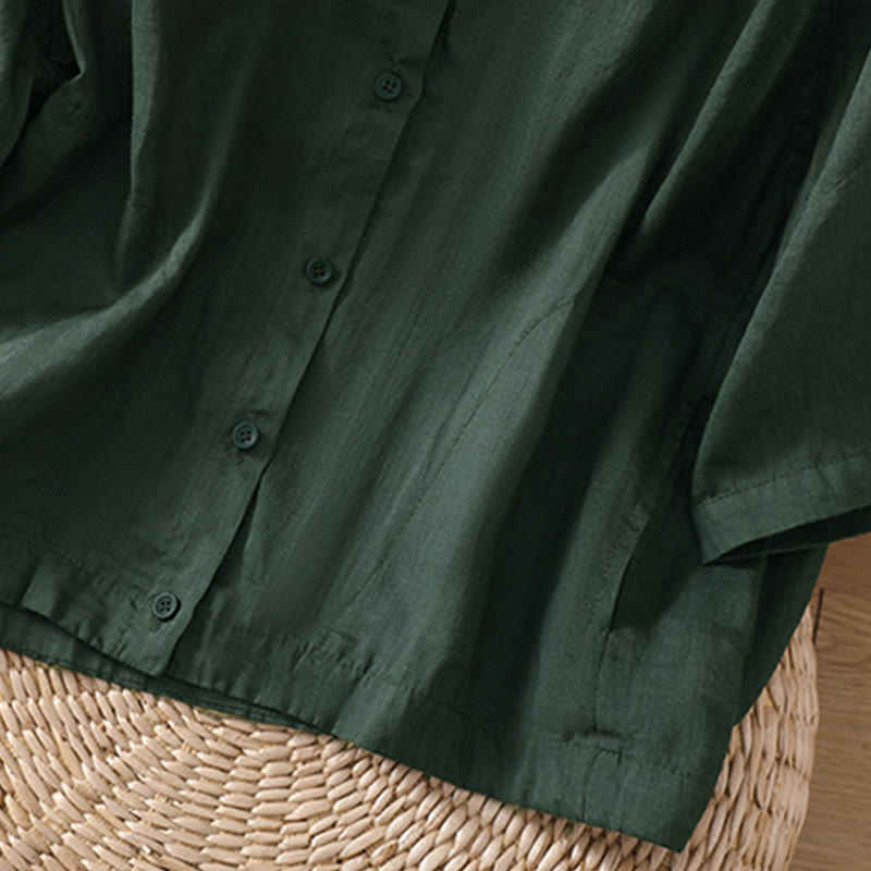 Daily Three Quarter Sleeve Cotton Linen Women's Shirt With Pockets
