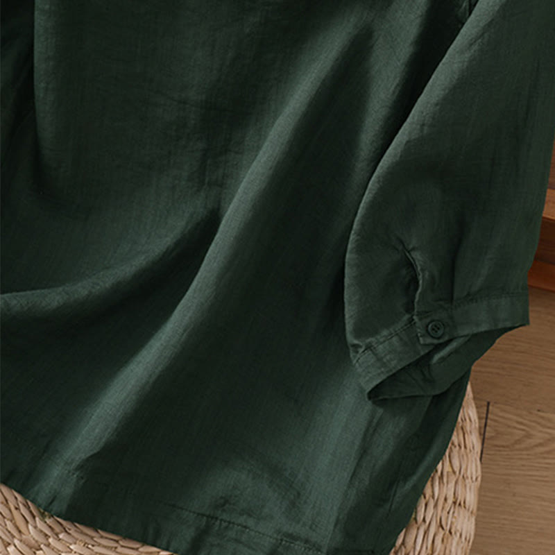Daily Three Quarter Sleeve Cotton Linen Women's Shirt With Pockets