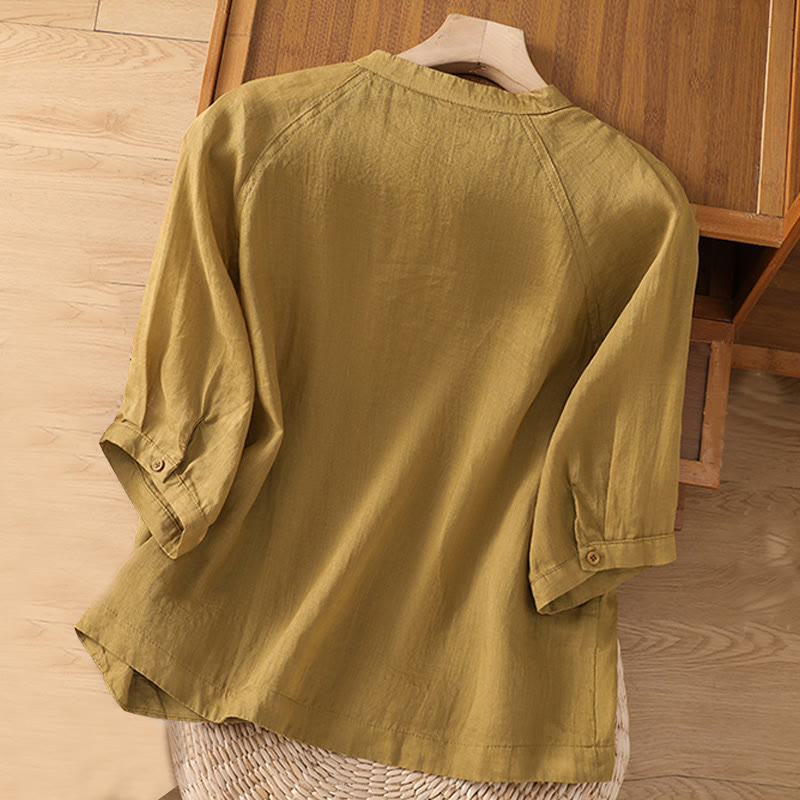 Daily Three Quarter Sleeve Cotton Linen Women's Shirt With Pockets