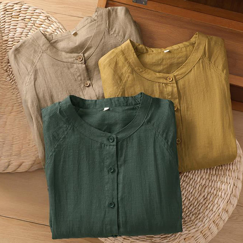 Daily Three Quarter Sleeve Cotton Linen Women's Shirt With Pockets