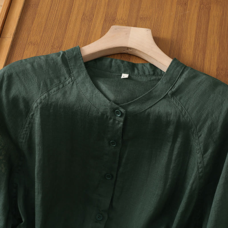 Daily Three Quarter Sleeve Cotton Linen Women's Shirt With Pockets
