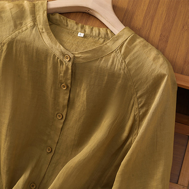 Daily Three Quarter Sleeve Cotton Linen Women's Shirt With Pockets