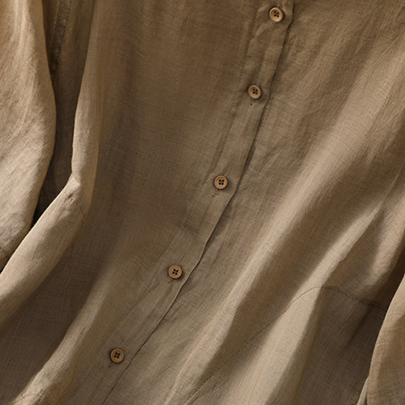 Daily Three Quarter Sleeve Cotton Linen Women's Shirt With Pockets
