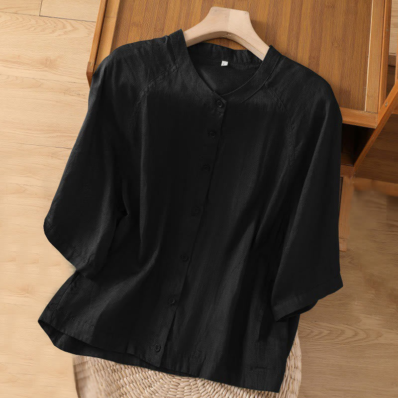 Daily Three Quarter Sleeve Cotton Linen Women's Shirt With Pockets