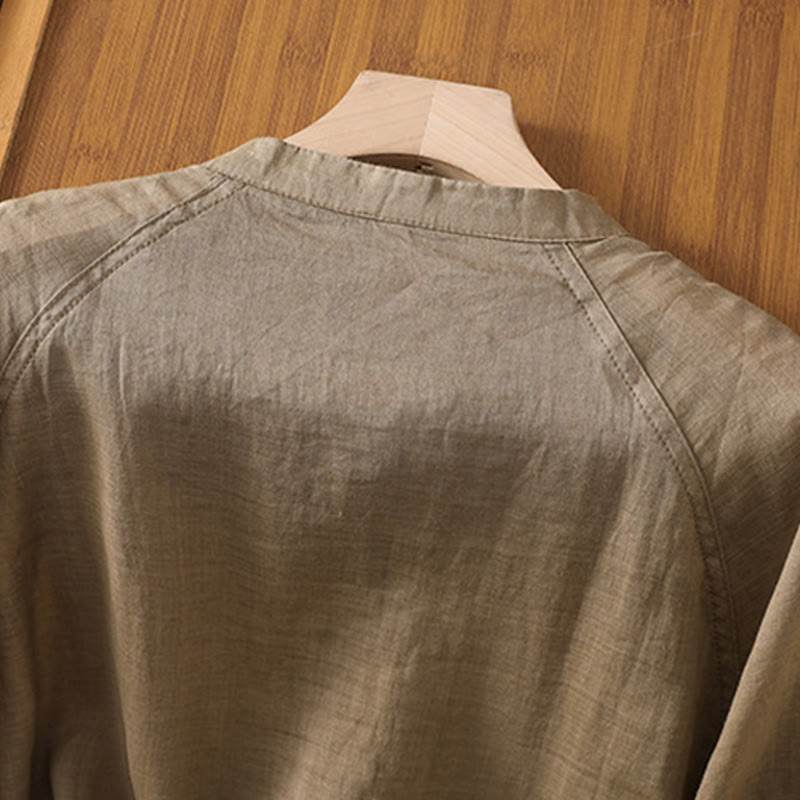 Daily Three Quarter Sleeve Cotton Linen Women's Shirt With Pockets