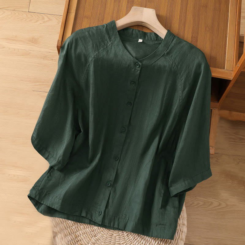 Daily Three Quarter Sleeve Cotton Linen Women's Shirt With Pockets